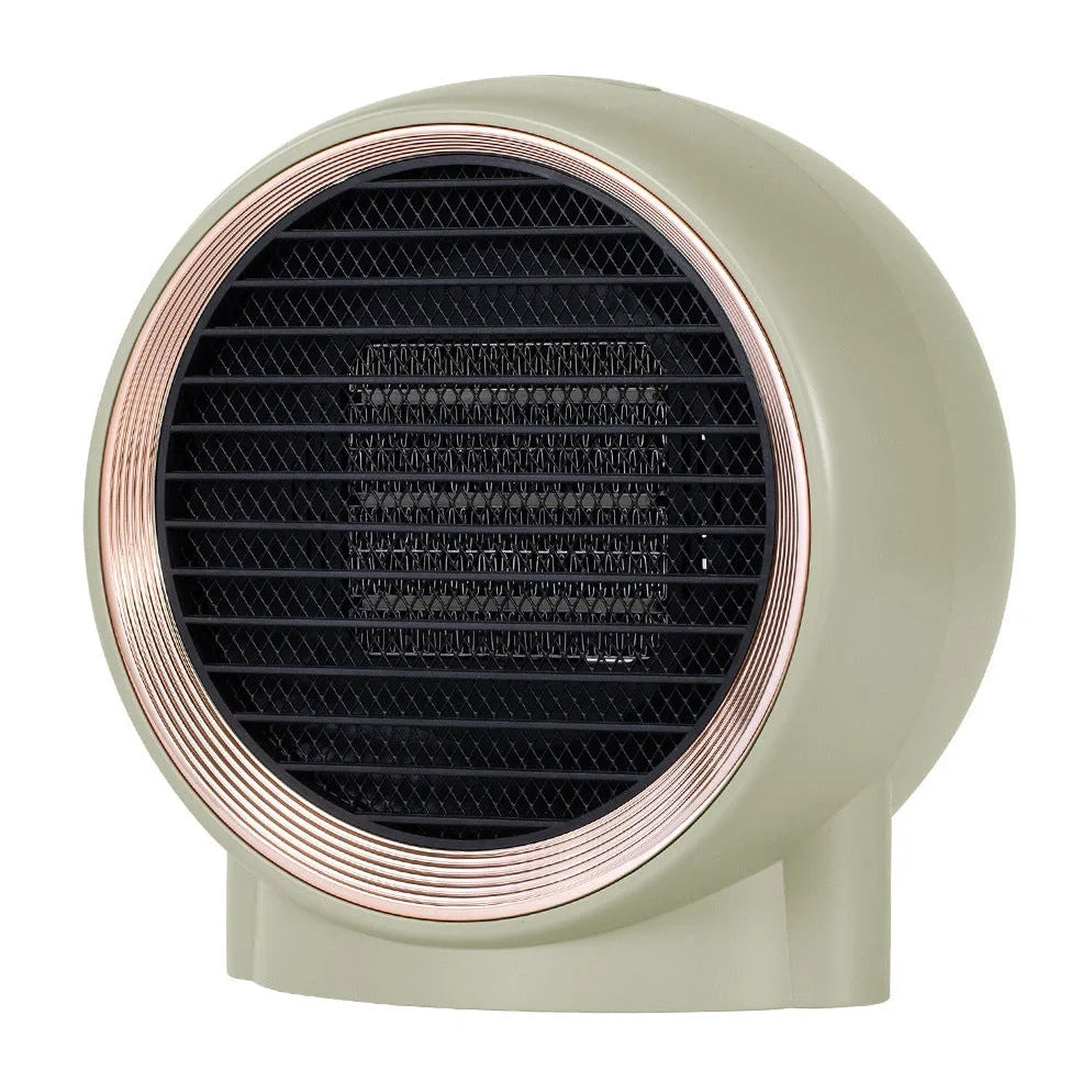 Compact white desktop fan heater measuring 184.5mm wide with PTC ceramic heating technology