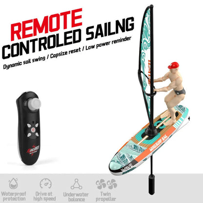 Blue remote control speedboat toy on water with USB charging cable