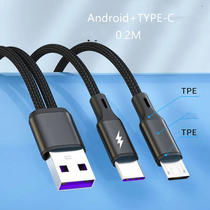 Black braided dual-port Android charging cable with aluminium connectors charging two smartphones simultaneously