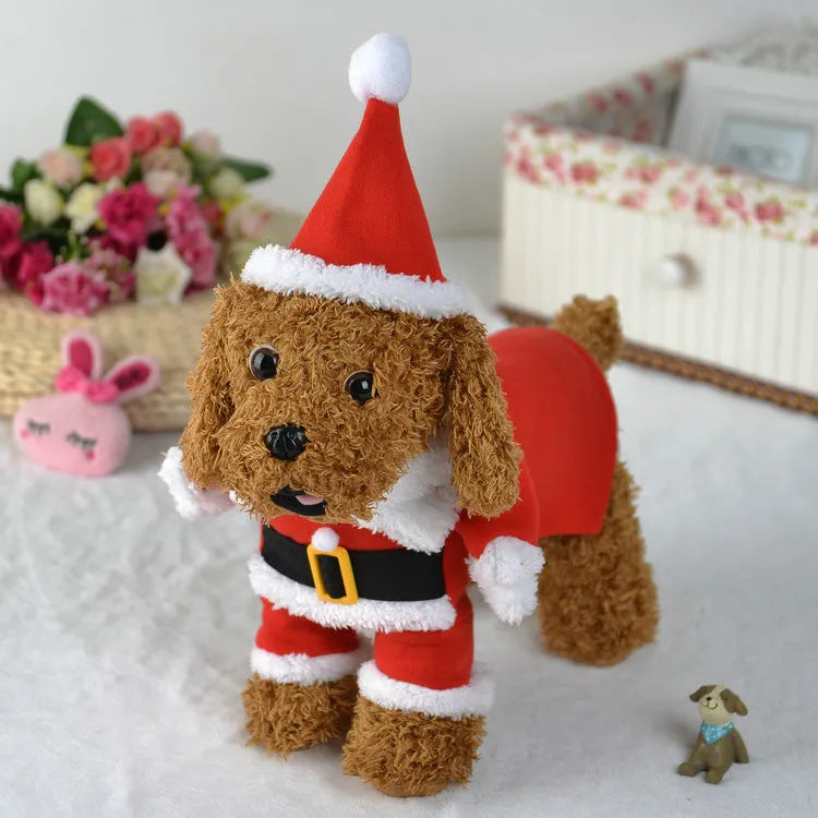 Red polar fleece Santa Claus costume for pets on dog with Christmas background