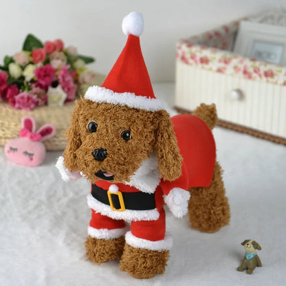 Red polar fleece Santa Claus costume for pets on dog with Christmas background