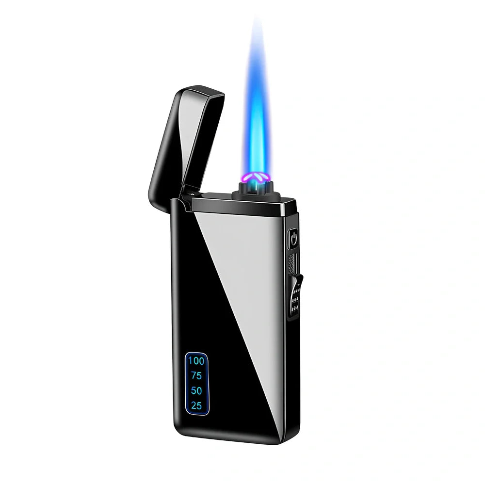 Metal windproof electric lighter showing compact 77.5mm design with USB charging port and flame adjustment