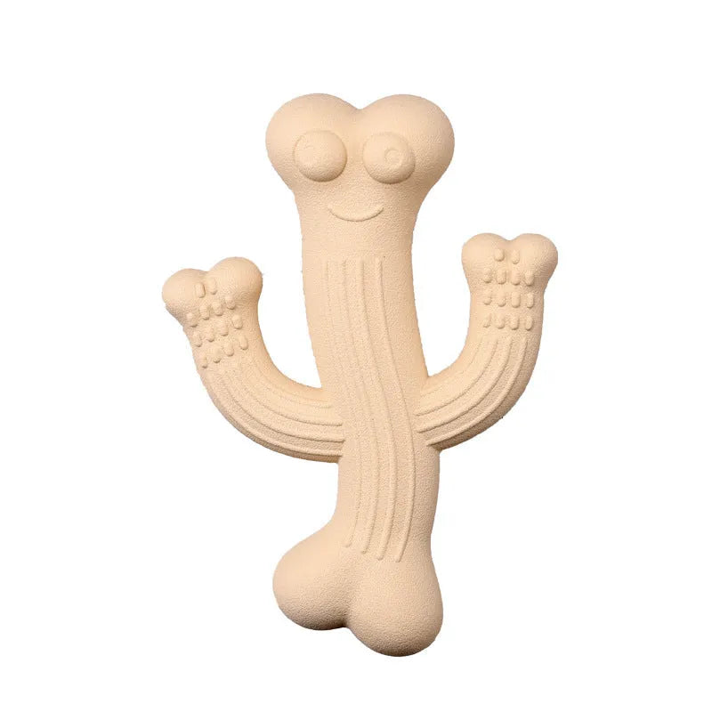 Beige cactus-shaped dog chew toy made from bamboo fibre and rubber on a white background.