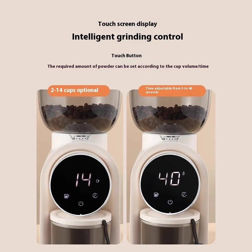 Smart electric coffee grinder in black or white with adjustable scale, plastic body, HB583 or HB683 model options