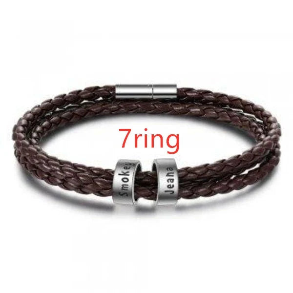 Personalized men's braided leather bracelet with stainless steel beads and custom name charm