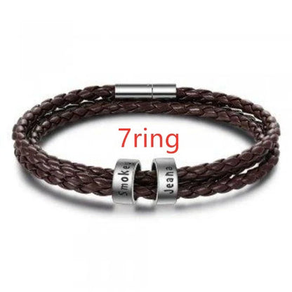 Personalized men's braided leather bracelet with stainless steel beads and custom name charm