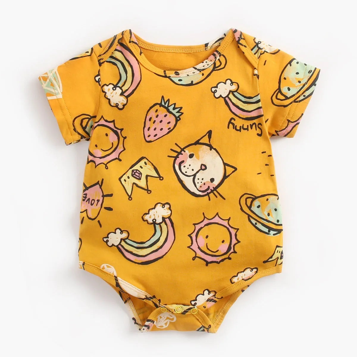 100% cotton short sleeve baby bodysuit in green animal forest print, sizes 0-6m to 2-3T