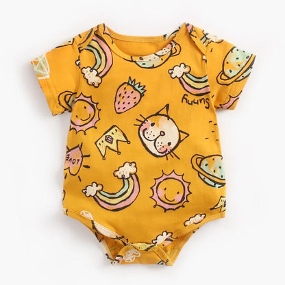 100% cotton short sleeve baby bodysuit in green animal forest print, sizes 0-6m to 2-3T