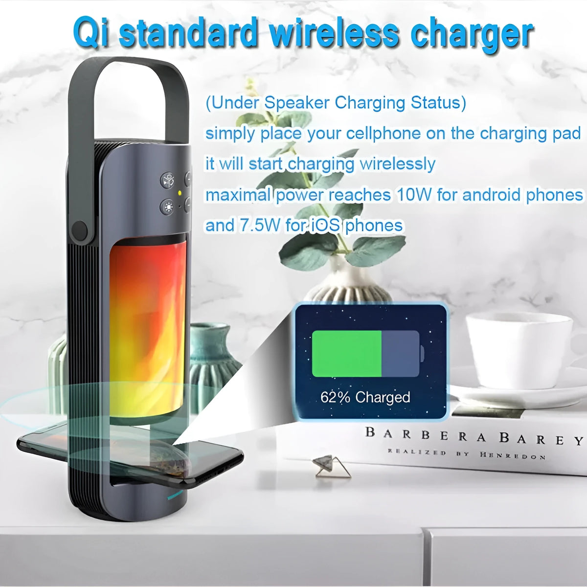 Blue portable Bluetooth speaker with dancing flame LED light and wireless charging pad