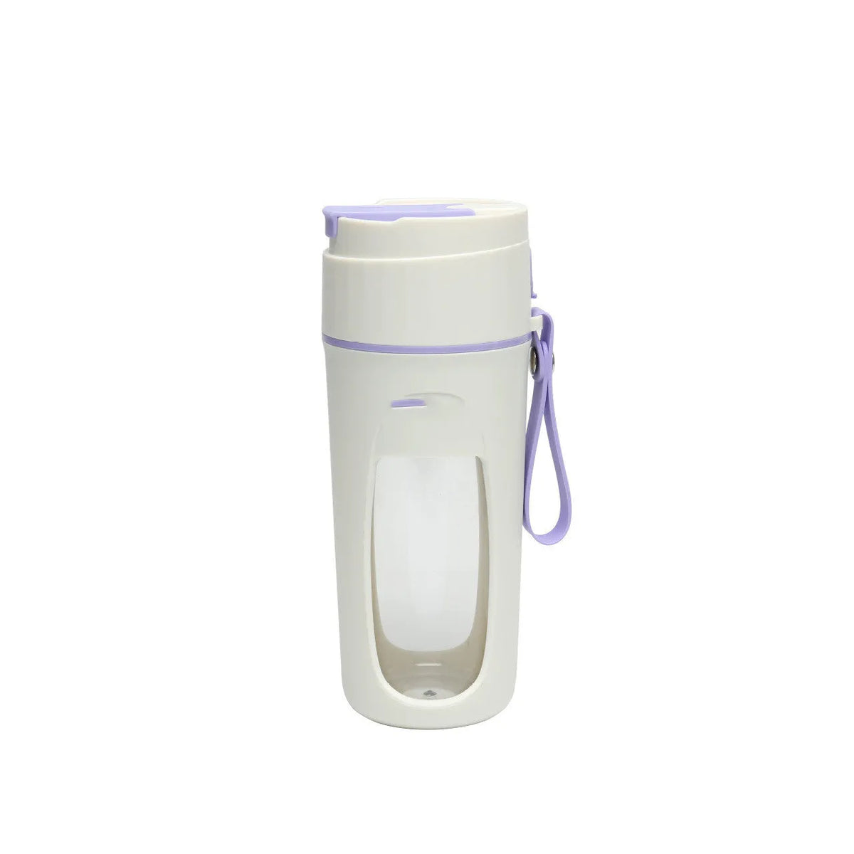 USB rechargeable portable juicer cup with glass liner in grass green, light purple, or fresh orange.