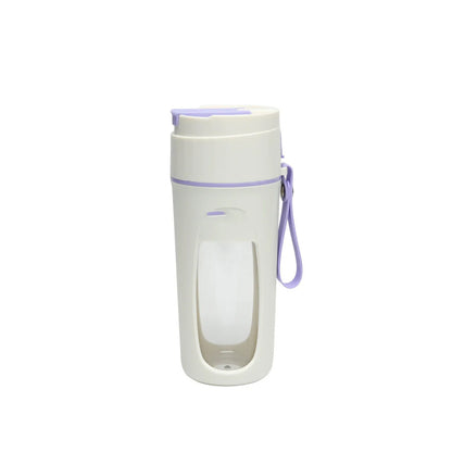 USB rechargeable portable juicer cup with glass liner in grass green, light purple, or fresh orange.