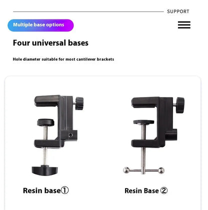 Black foldable metal desktop bracket holding tablet with adjustable cantilever arm