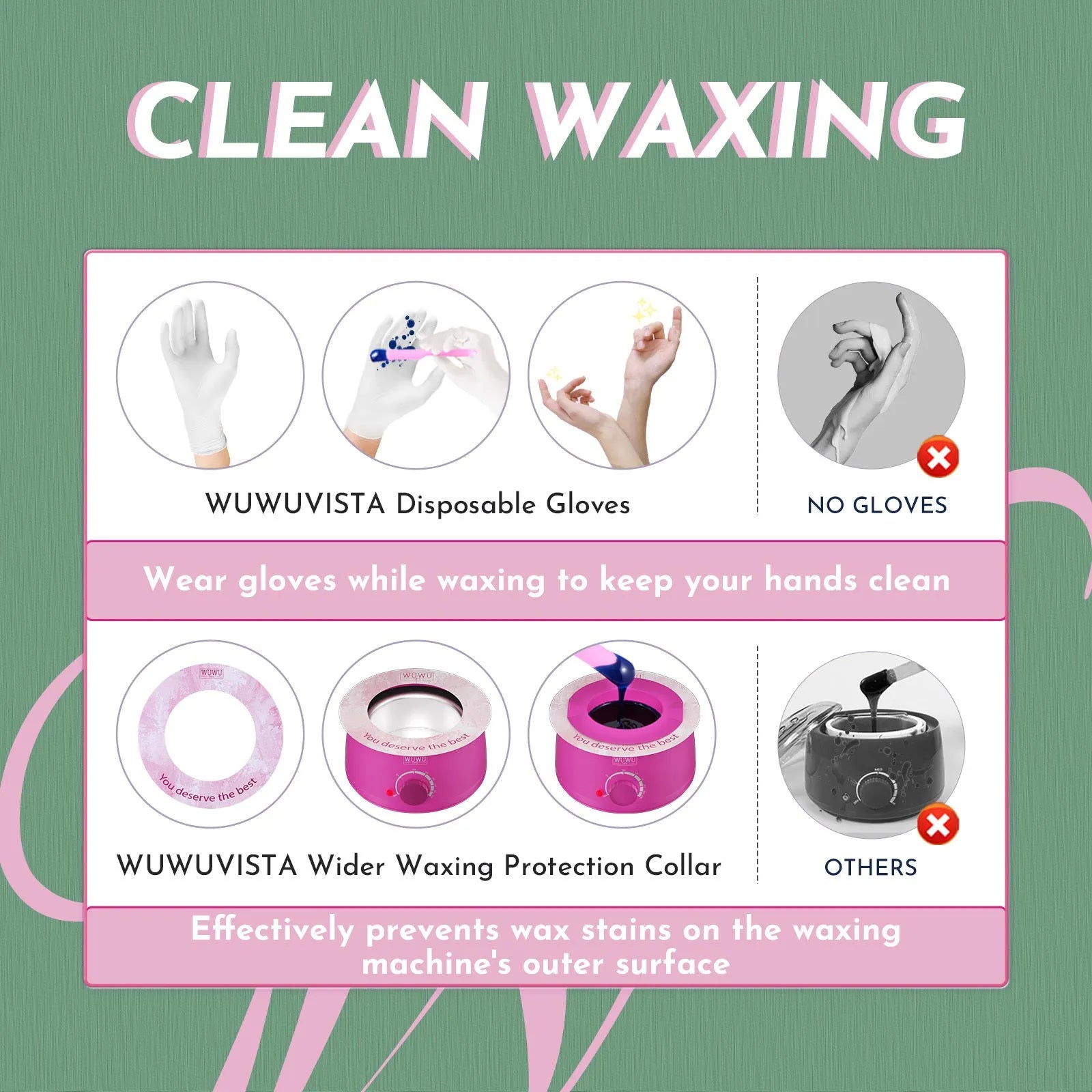 WUWUVISTA waxing kit with black wax warmer, six coloured wax bead packs, silicone tools, and aftercare products on a table