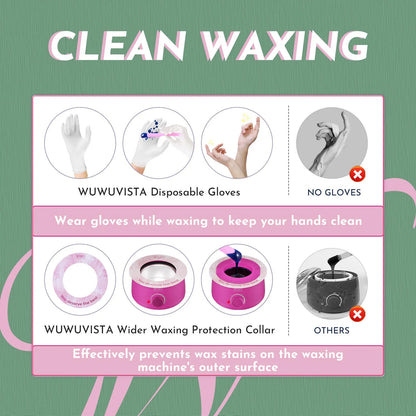 WUWUVISTA waxing kit with black wax warmer, six coloured wax bead packs, silicone tools, and aftercare products on a table