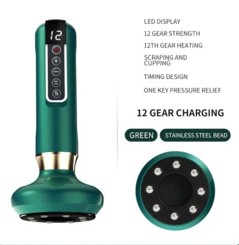 Green electric vacuum cupping massager device with USB charging cable