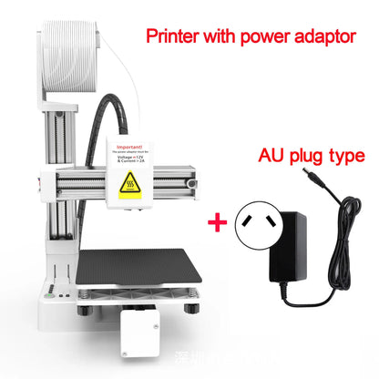 White EasyThreed K10 3D printer on a desktop with power cord and instruction manual