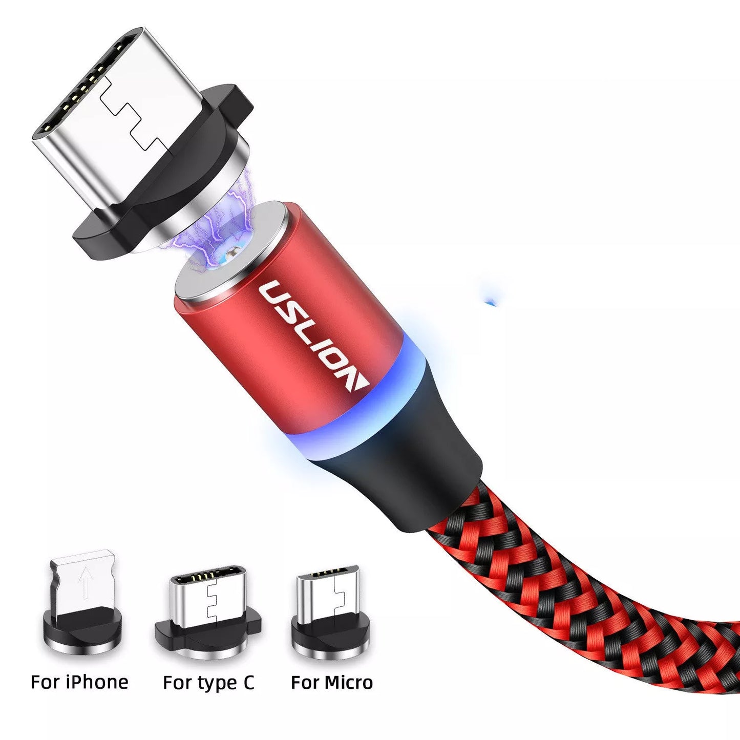 Magnetic USB Type C Fast Charging Cable with LED indicator in red, silver, and blue