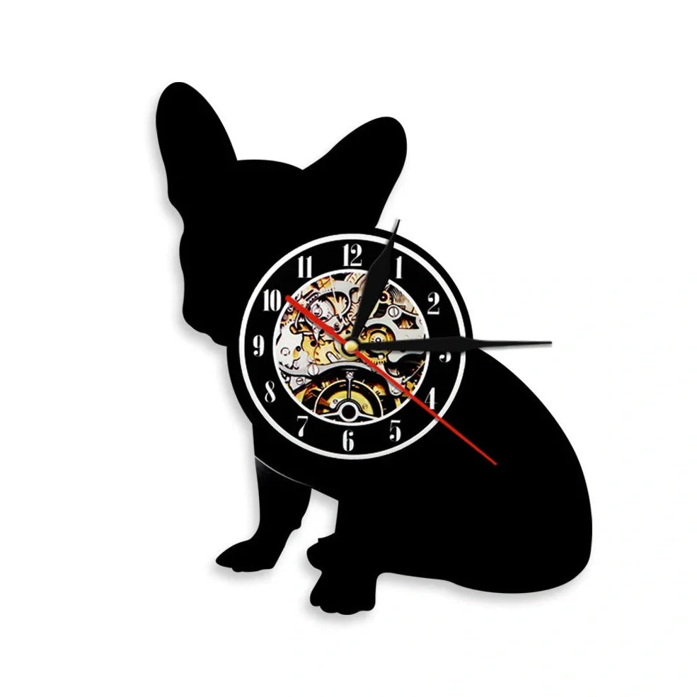 30cm vinyl record wall clock with dog breed designs, silent quartz movement, and pre-installed hook