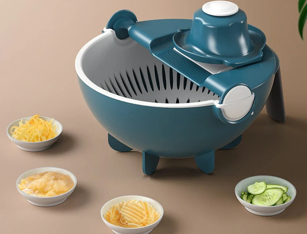 Versatile vegetable preparation station with interchangeable blades and built-in drainage basket for efficient meal prep