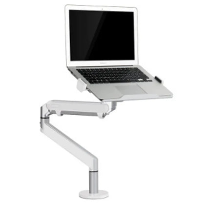 Silver aluminium alloy laptop stand holding a notebook on a desk