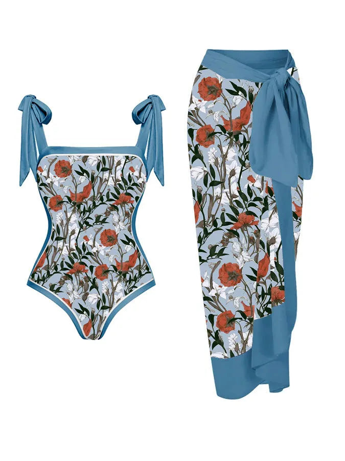 Women's floral printed two-piece swimsuit with chiffon hip skirt in multiple colour options