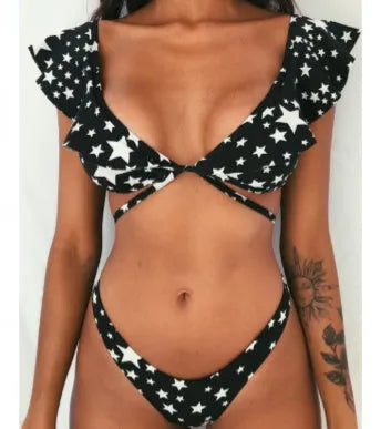 Yellow floral print split bikini swimsuit set with top and pants on a mannequin.