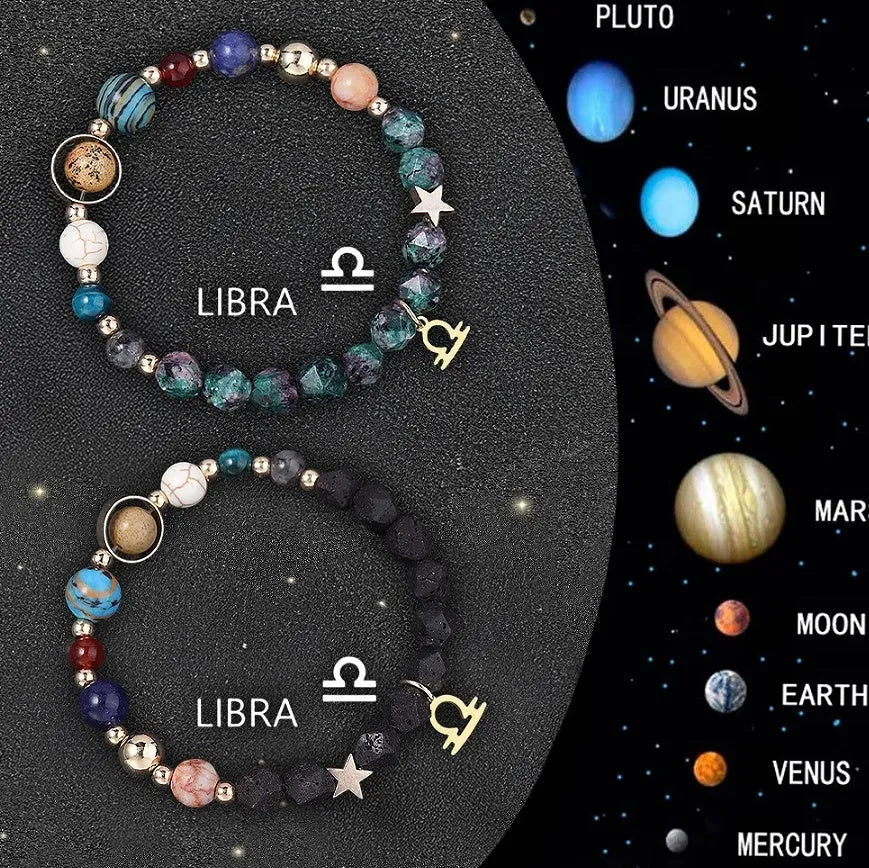 Two natural stone zodiac bracelets with adjustable cords showing sliding knot mechanism and zodiac bead details