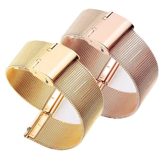 Milani silk woven stainless steel watch band showing metallic finish and woven texture, available in multiple width sizes