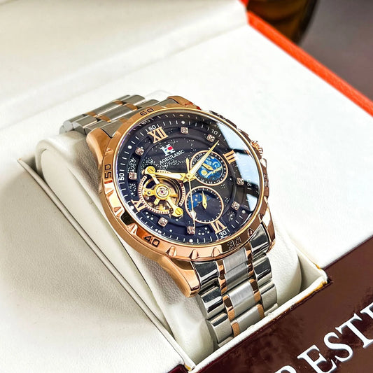 Automatic mechanical men's watch with rose gold shell and black dial, showing 42mm diameter