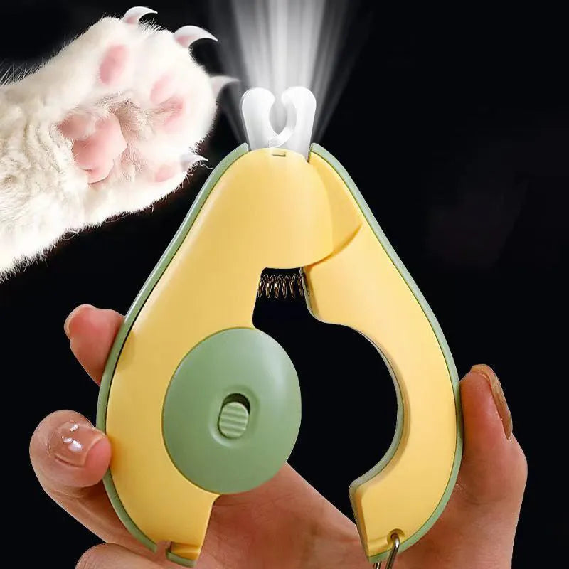 Professional LED pet nail clipper for small dog and cat claw trimming in green, pink, and white colours