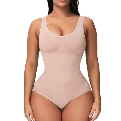 Women's seamless one-piece nylon bodysuit for waist support and body sculpting, shown in apricot colour.