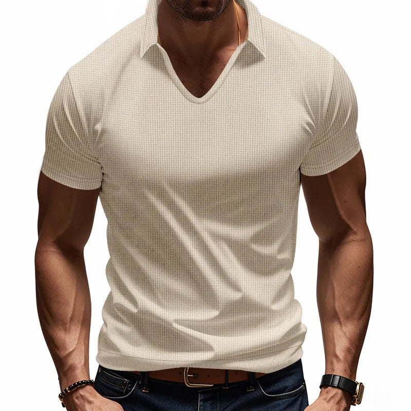 Men's loose fit light grey V-neck short sleeve T-shirt laid flat