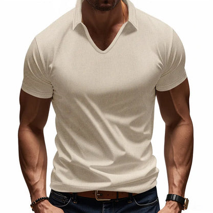 Men's loose fit light grey V-neck short sleeve T-shirt laid flat