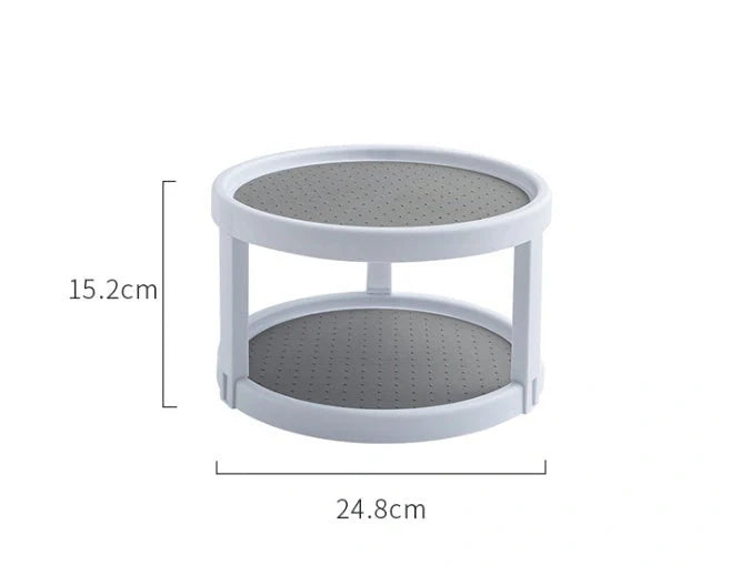 Two-tier kitchen turntable organizer with non-skid surface and rimmed edges