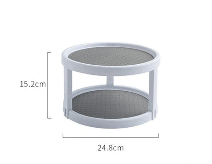 Two-tier kitchen turntable organizer with non-skid surface and rimmed edges