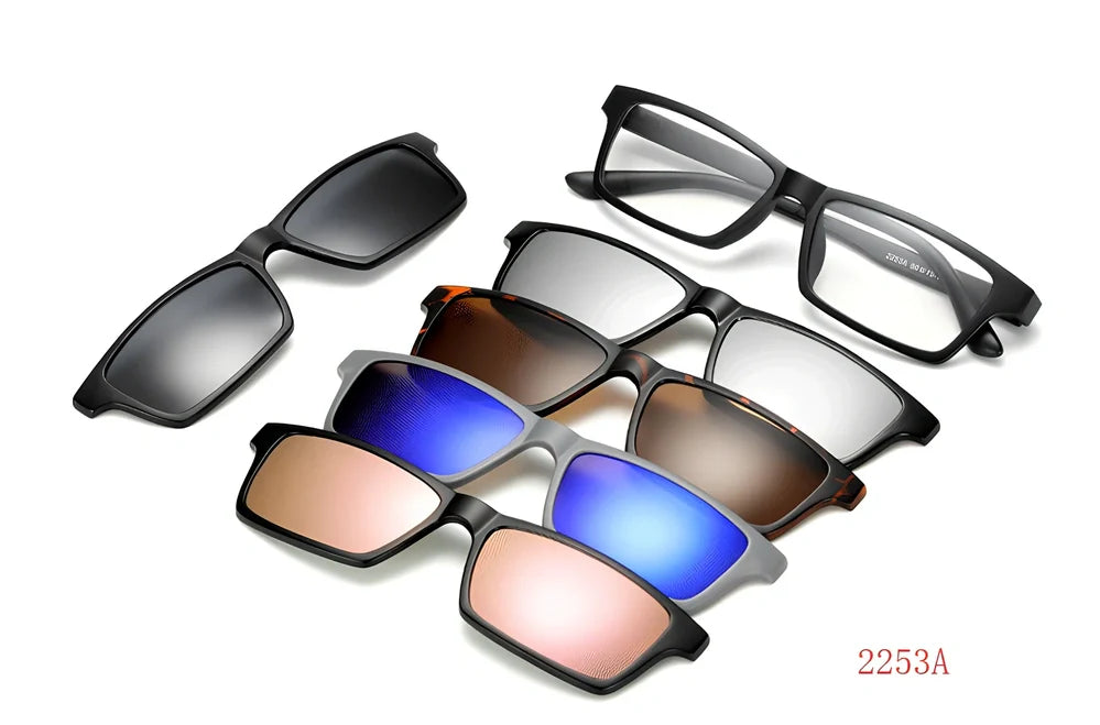 Magnetic sunglasses showing closure system with resin lenses and PC frame in multiple size options