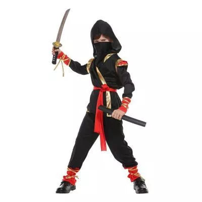 Halloween children's anime character costume set in black and gold, includes coat, pants, armor, mask, belt, headdress, and bindings