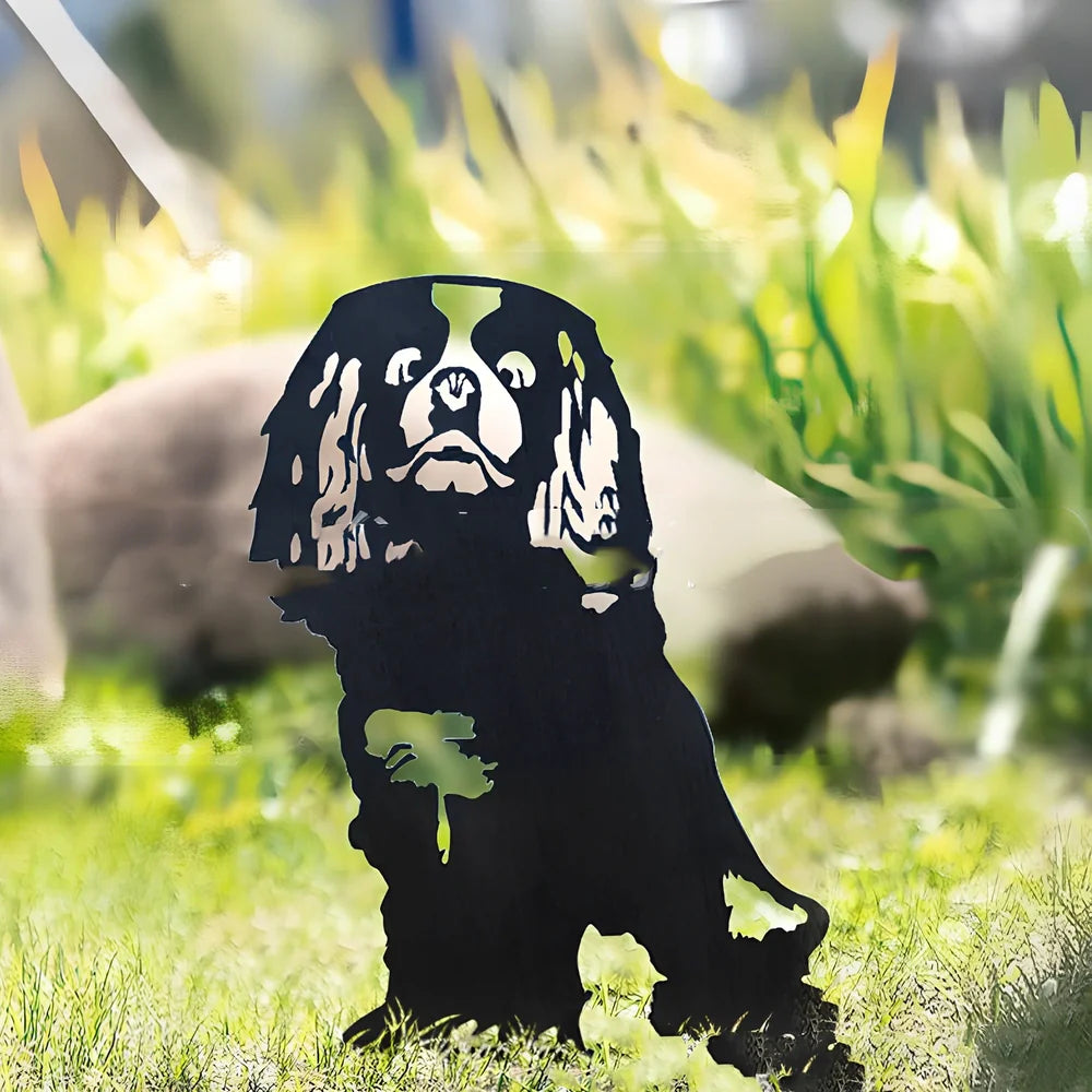 Metal dog silhouette garden decoration showing breed outline on iron background for outdoor display