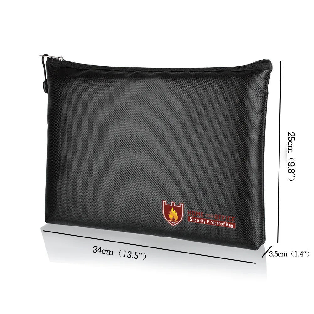 Black fire-proof contract document bag shown in three sizes for business paperwork storage