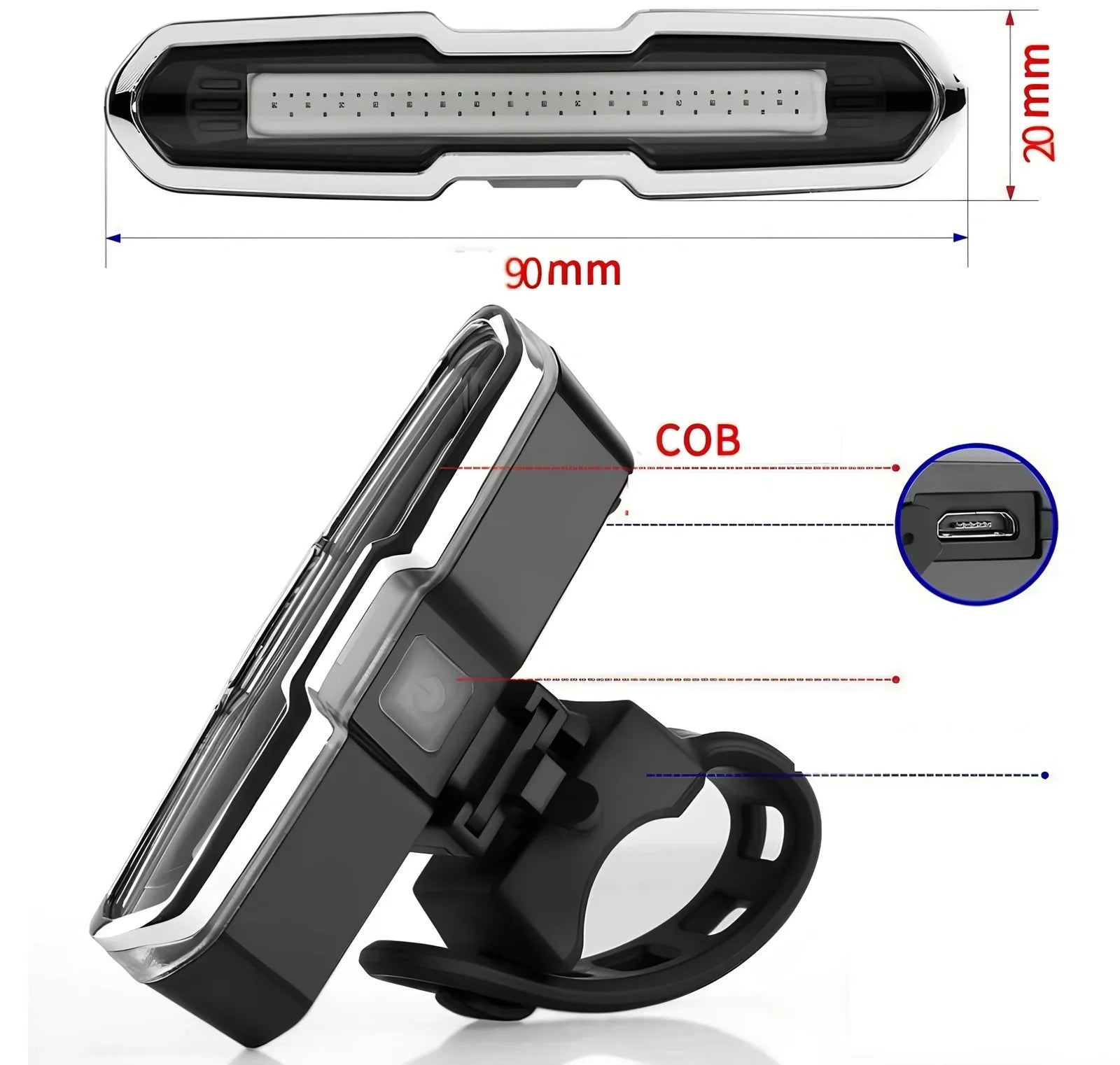 USB rechargeable red and blue mountain bike taillight with compact design and multiple lighting modes