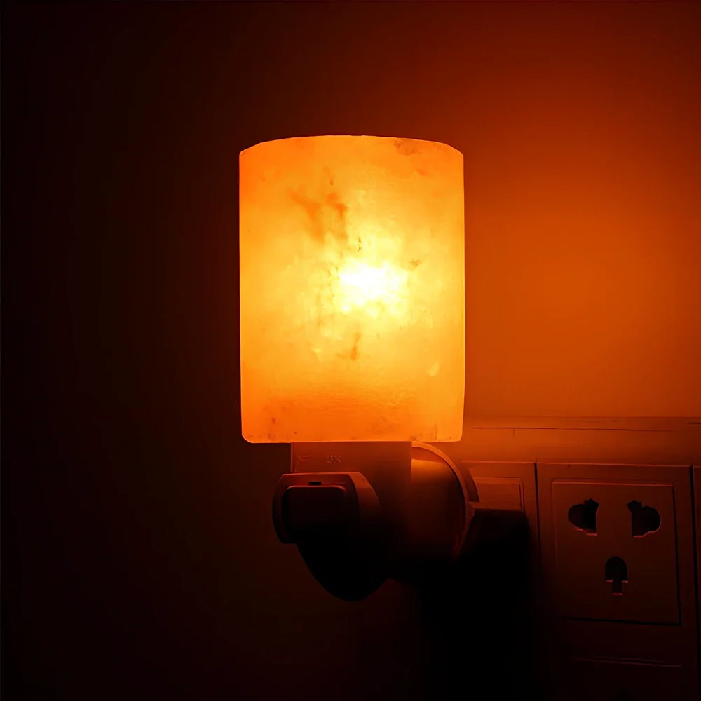 Cylindrical Himalayan crystal salt lamp, 9.8cm tall, 5cm diameter, with warm 3000K glow for air purification