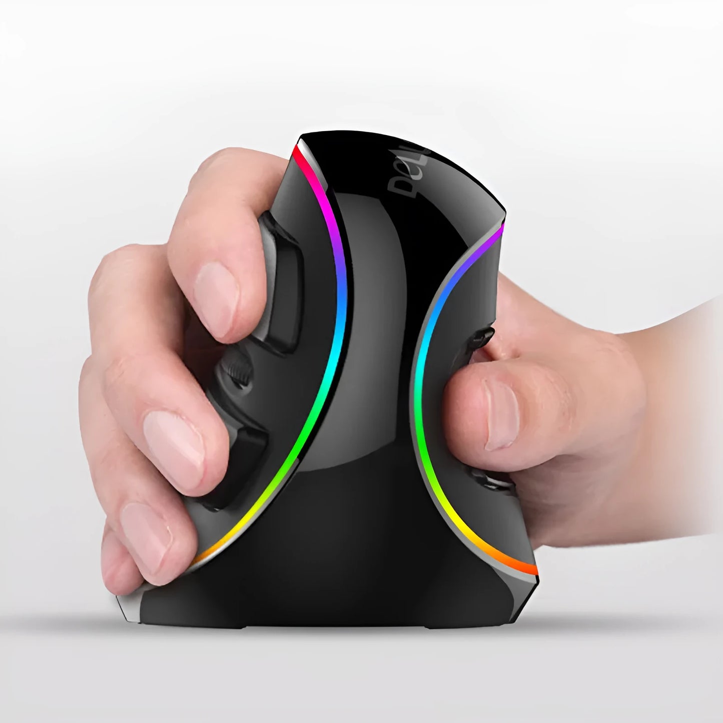 Vertical ergonomic computer mouse with RGB lighting and USB cable.
