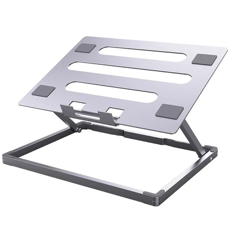 Silver aluminium alloy folding laptop cooling rack on a wooden desk