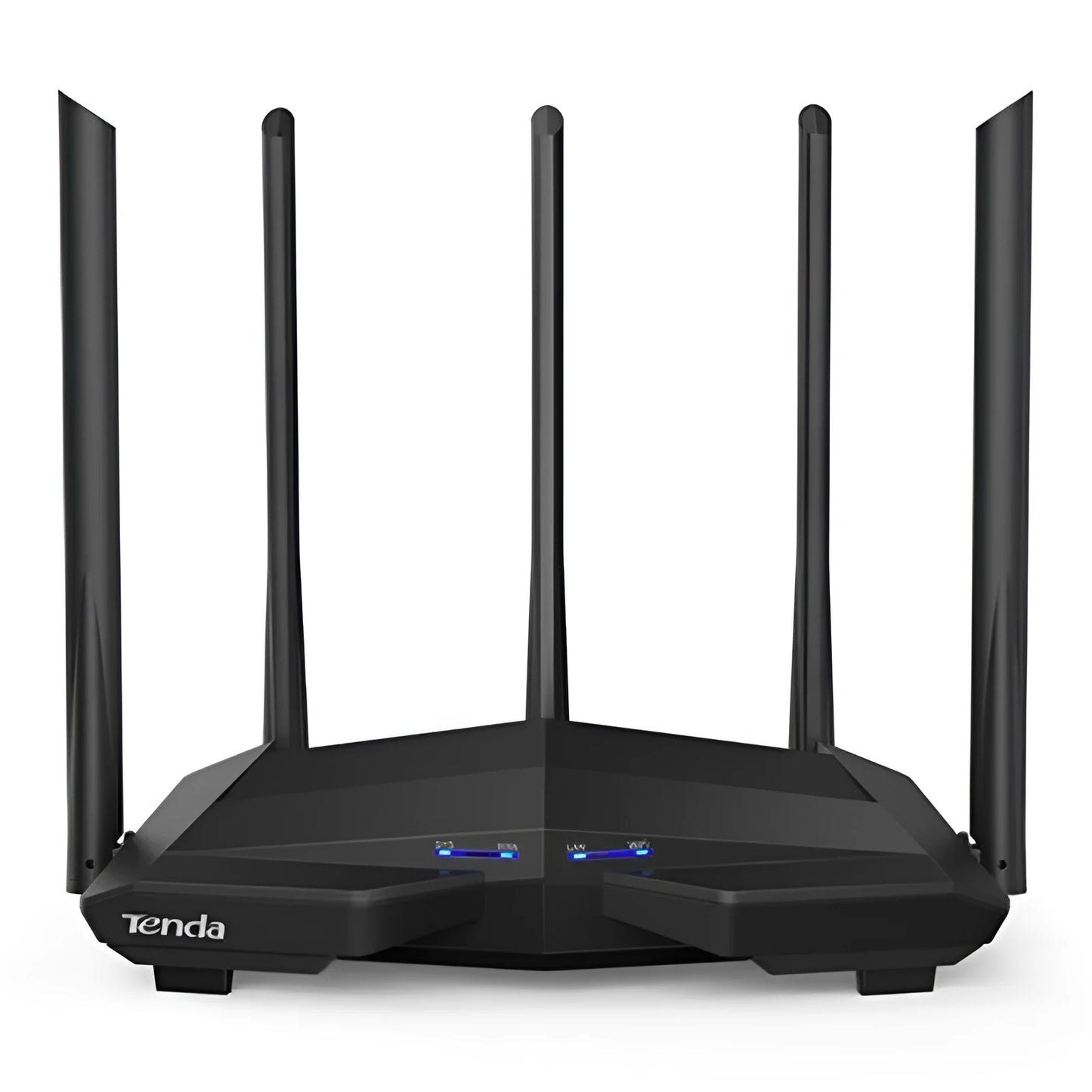 Black AC11 wireless router showing four Gigabit ports and measuring 220x141.5x49mm