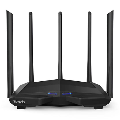 Black AC11 wireless router showing four Gigabit ports and measuring 220x141.5x49mm