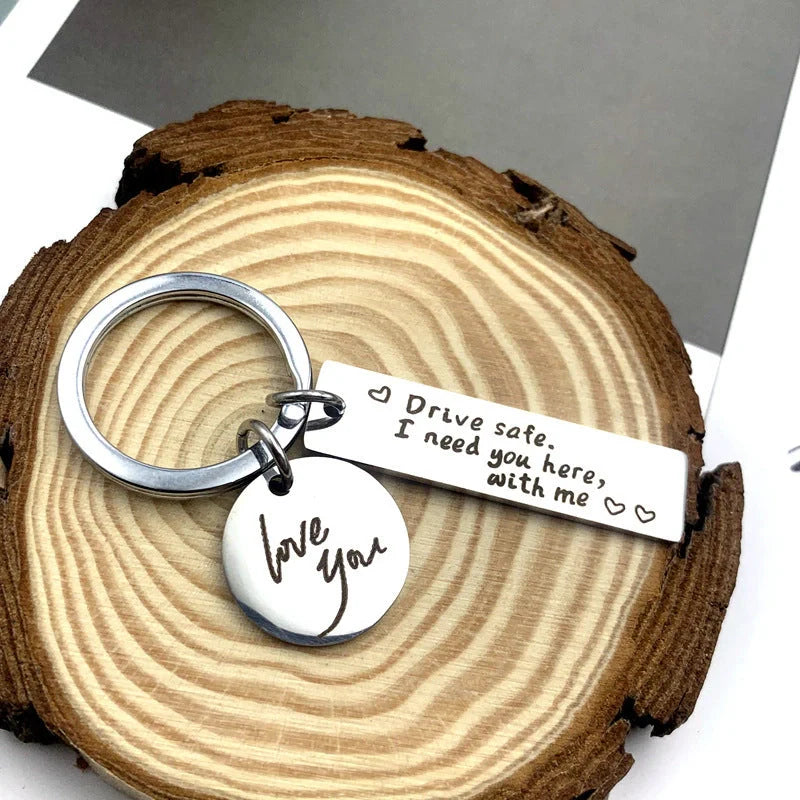 Stylish stainless steel safe driving keychain with unique message