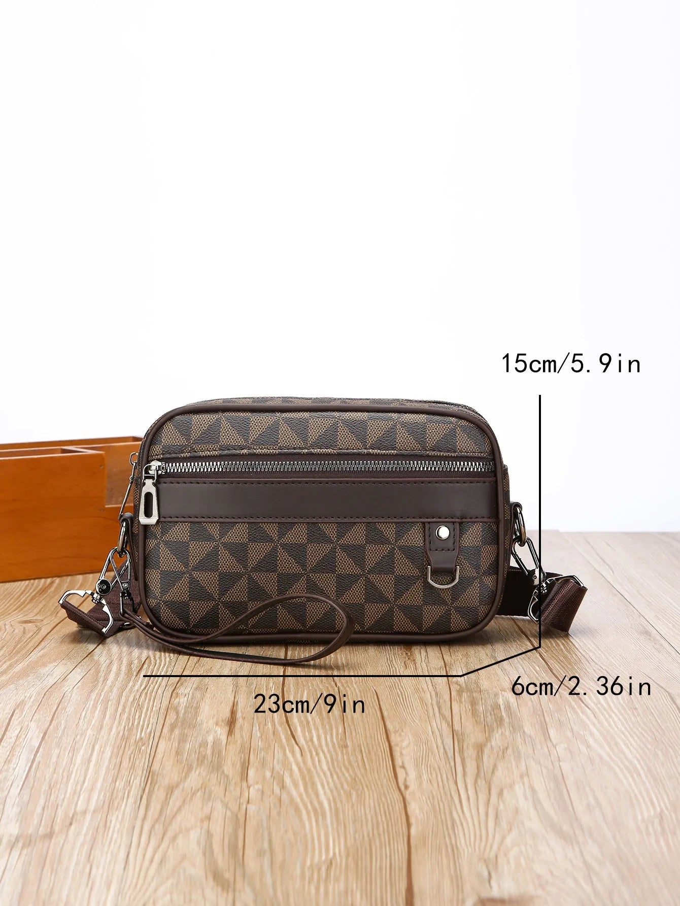 Men's black geometric pattern PU leather messenger bag with handheld horizontal design
