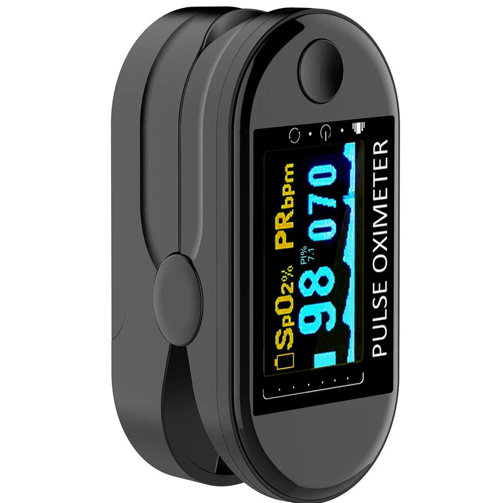 Fingertip pulse oximeter with plastic housing and LCD display for oxygen saturation measurements