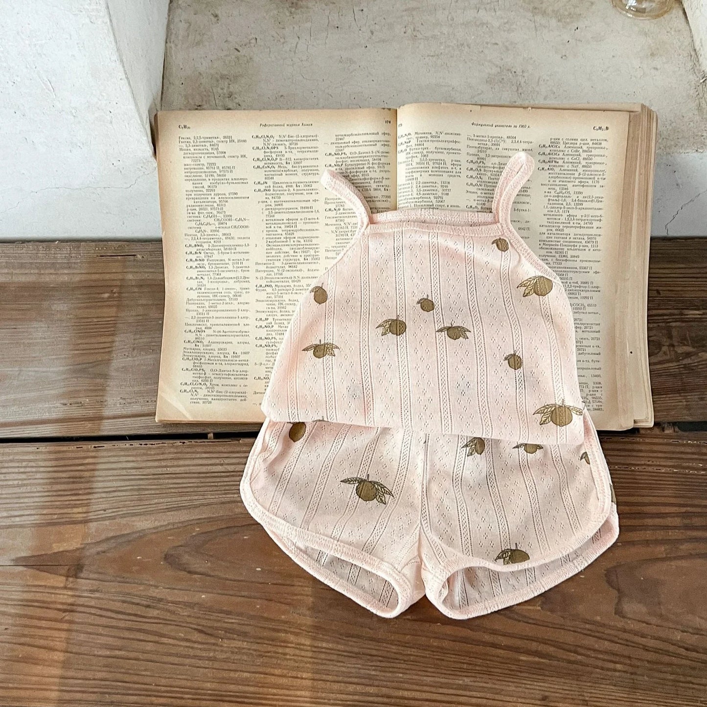 Children's cotton corduroy pajama set with cartoon print in olive, floral, lemon, or peach colours