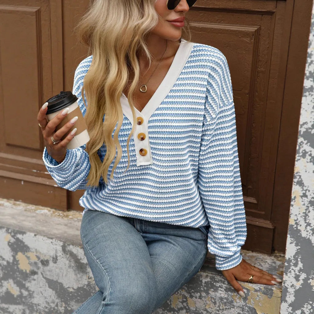 Women's loose fit V-neck patchwork pullover top in polyester knit fabric
